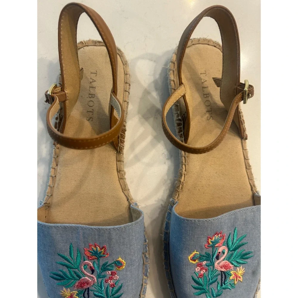 Talbots Espadrille Sandals Blue Flamingo Embroidered Ankle Strap Summer Flats 8M